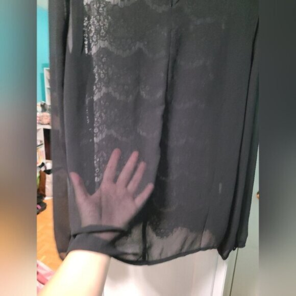 Forever 21 Black High Neck Lace Sheer See-Through Flounce Sleeve Blouse Shirt M - Picture 12 of 14